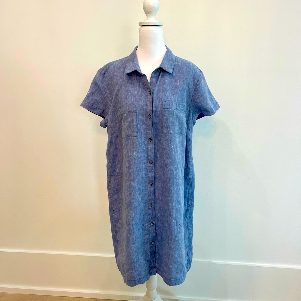 J. Jill Love Linen Shirt Dress Blue Chambray Denim short sleeve pockets Large